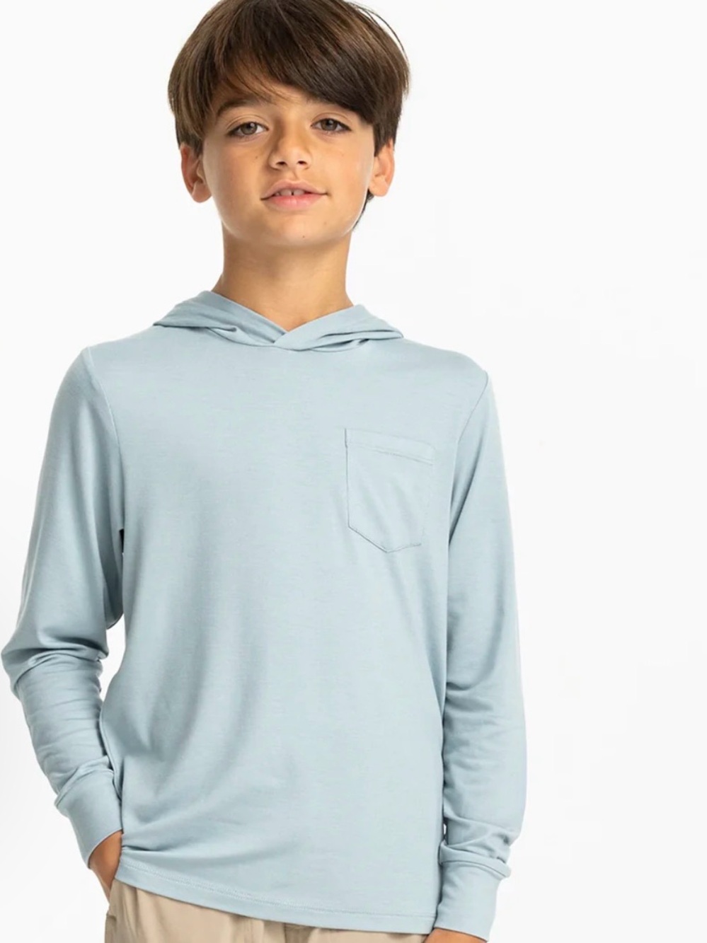 Kids Free Fly dusty Blue Hooded Long-Sleeve Pocket Tee size (7-8)
